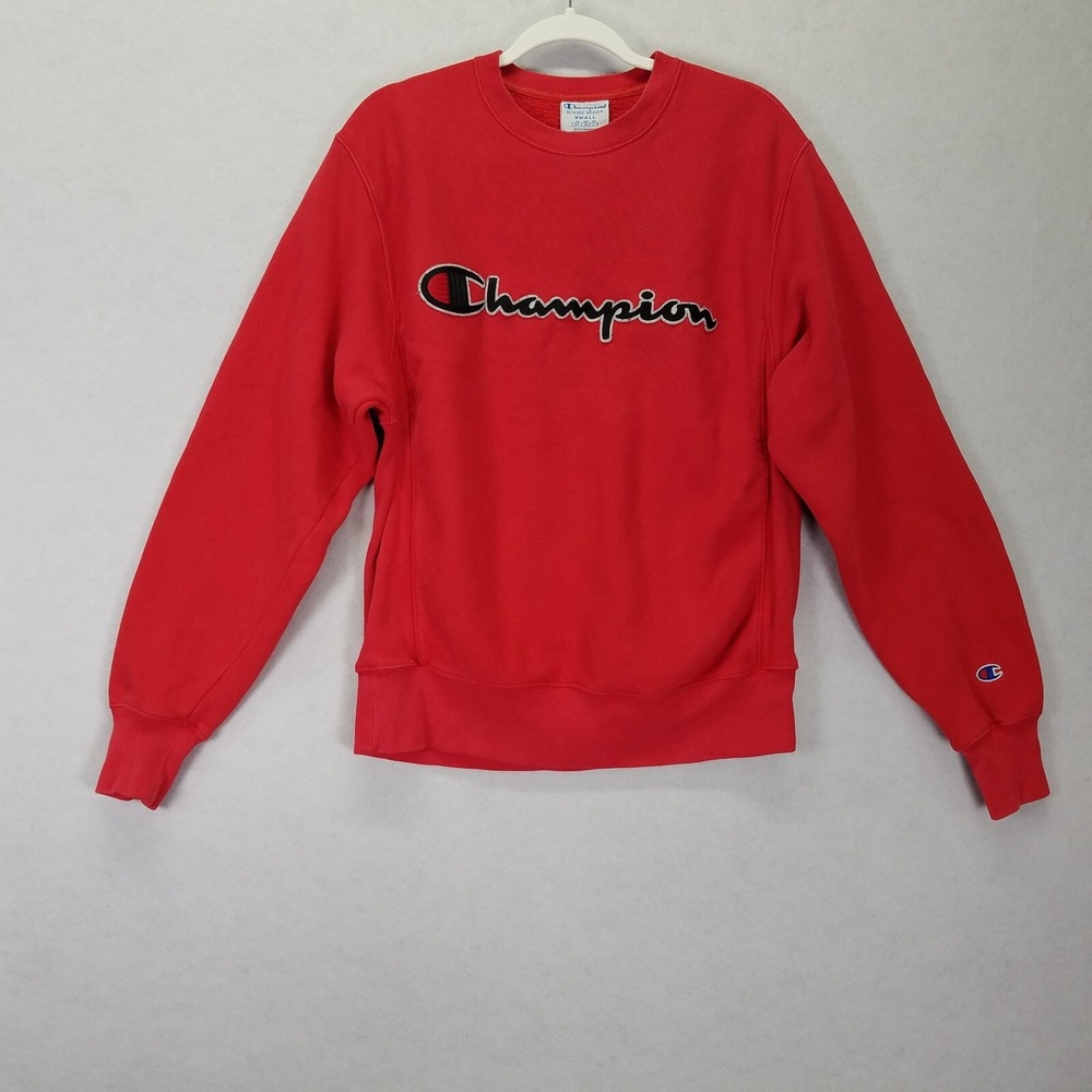 Champion Reverse Weave Sweatshirt Size S Red Crewneck Large Chain Stitched Logo